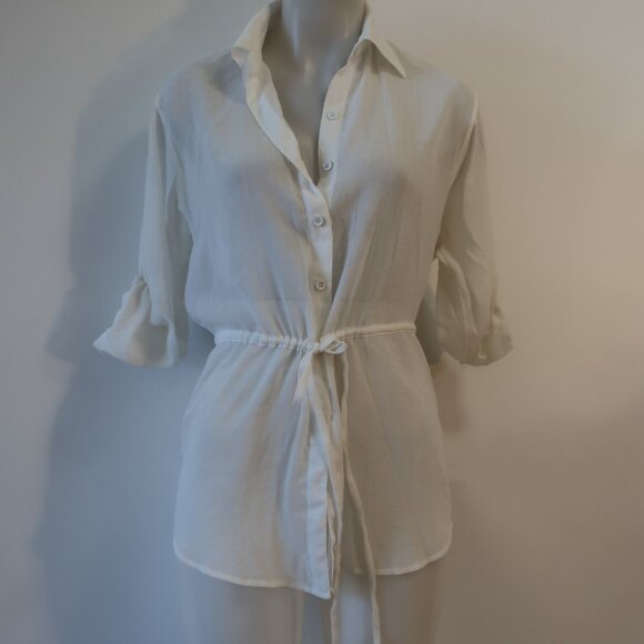 Womens Alice + Olivia White Semi-Sheer Roll Tab Sleeves Button Blouse Top XS - Picture 1 of 9